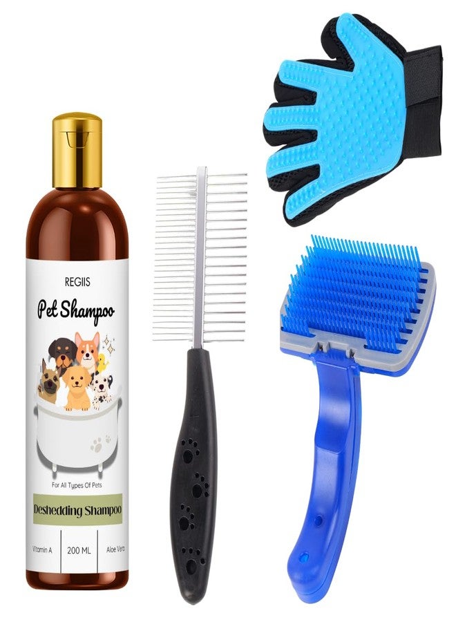 REGIIS Pet Grooming Kit with Deshedding Shampoo 200ml, Self Cleaning Slicker Brush, Pet Grooming Glove for Dogs and Cats, Blue and Black(Pack of 4) - Image 1